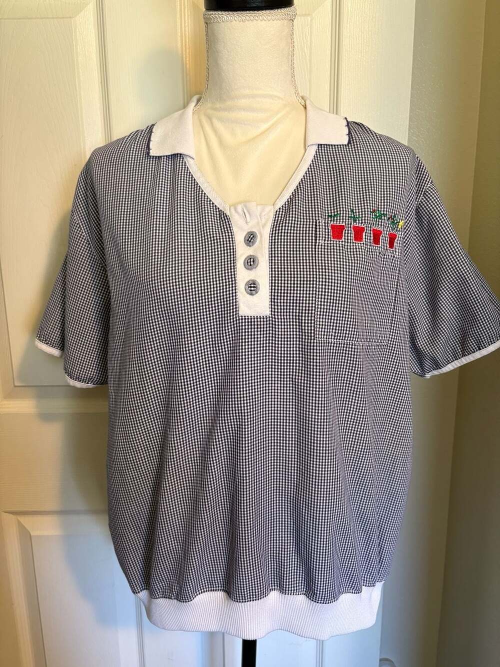 Vintage 90s Grandmacore Blue and White Gingham Embroidered Pocket Polo Shirt